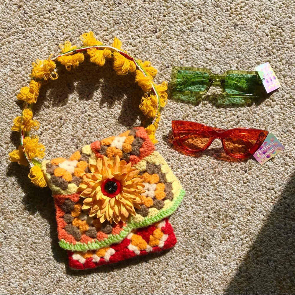 Handmade Crochet 70s Quilt Bag OOAK + 2 UV Fall Sunglasses NWT Boho Chic Gift
